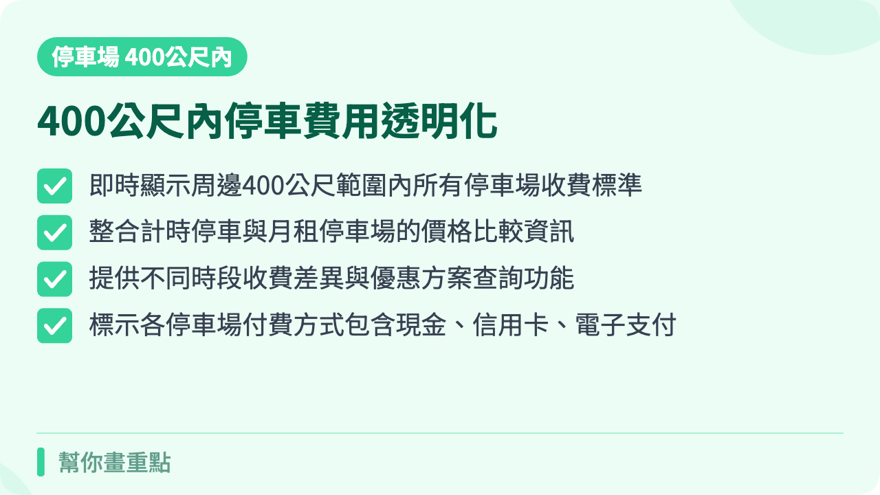 停車費用與收費方式:400公尺內停車場價格透明化