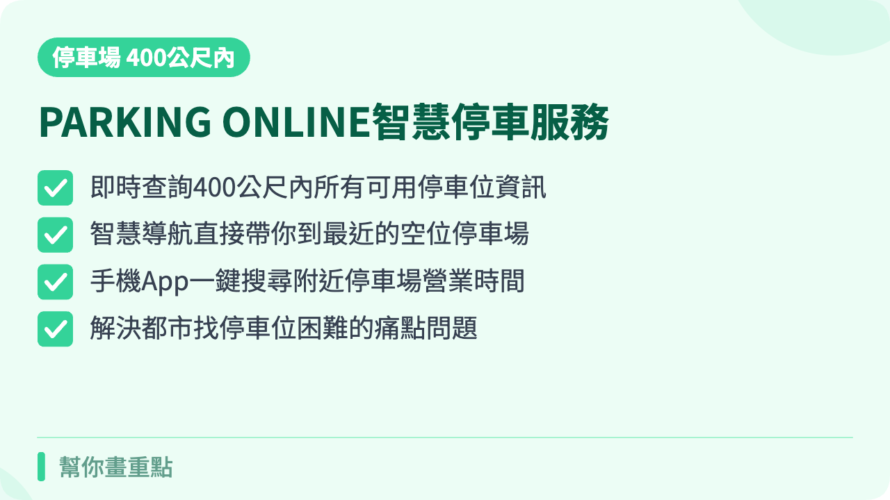 PARKING ONLINE智慧停車服務:400公尺內停車場即時查詢解決方案